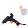 Black hot melt glue gun with a nozzle and glue sticks shown against a white background.