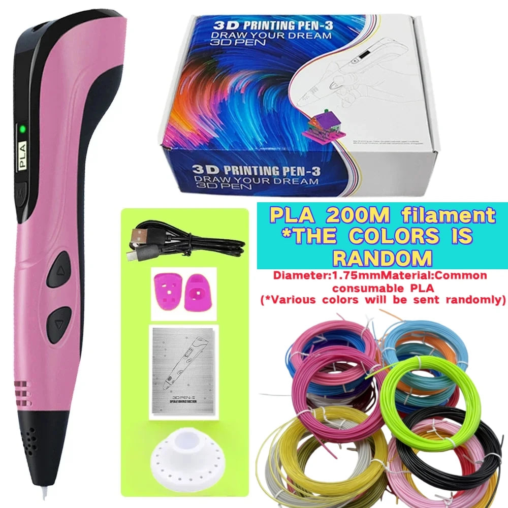 A pink 3D printing pen with an LED display and various PLA filament spools.