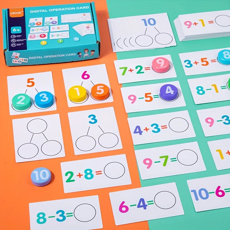 A set of colorful arithmetic block cards for addition and subtraction learning, including a digital operation card box.