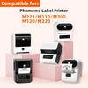 A white Phomemo label printer and related accessories are displayed on a pink background.