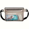 A silver waterproof pouch designed to protect a phone for swimming, diving, and outdoor activities.