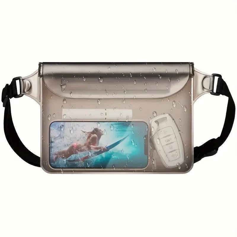 A silver waterproof pouch designed to protect a phone for swimming, diving, and outdoor activities.