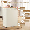 A large, cream-colored laundry basket with a lid and three removable bags is shown on a wooden floor.