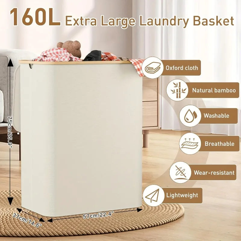 A large, cream-colored laundry basket with a lid and three removable bags is shown on a wooden floor.