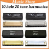 A collection of ten 10-hole 20-tone harmonica models, including Swan and IRIN brands, in black and gold finishes.