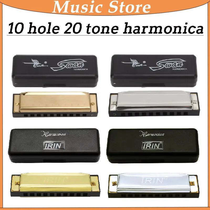A collection of ten 10-hole 20-tone harmonica models, including Swan and IRIN brands, in black and gold finishes.
