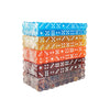 A stack of 100 multicolor acrylic D6 dice in various colors and patterns.