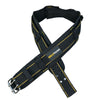 Black heavy-duty padded tool belt with yellow stitching and metal buckles