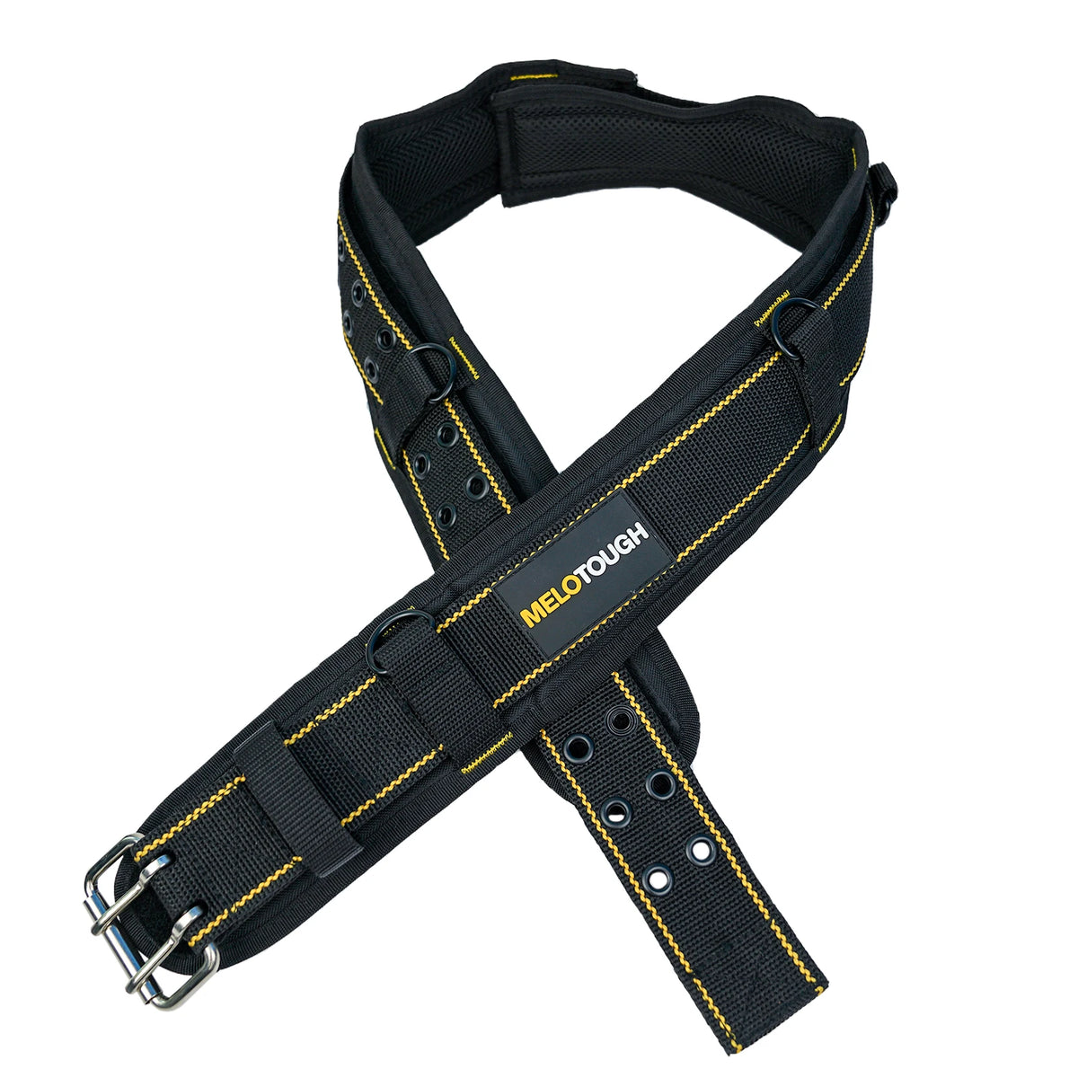 Black heavy-duty padded tool belt with yellow stitching and metal buckles