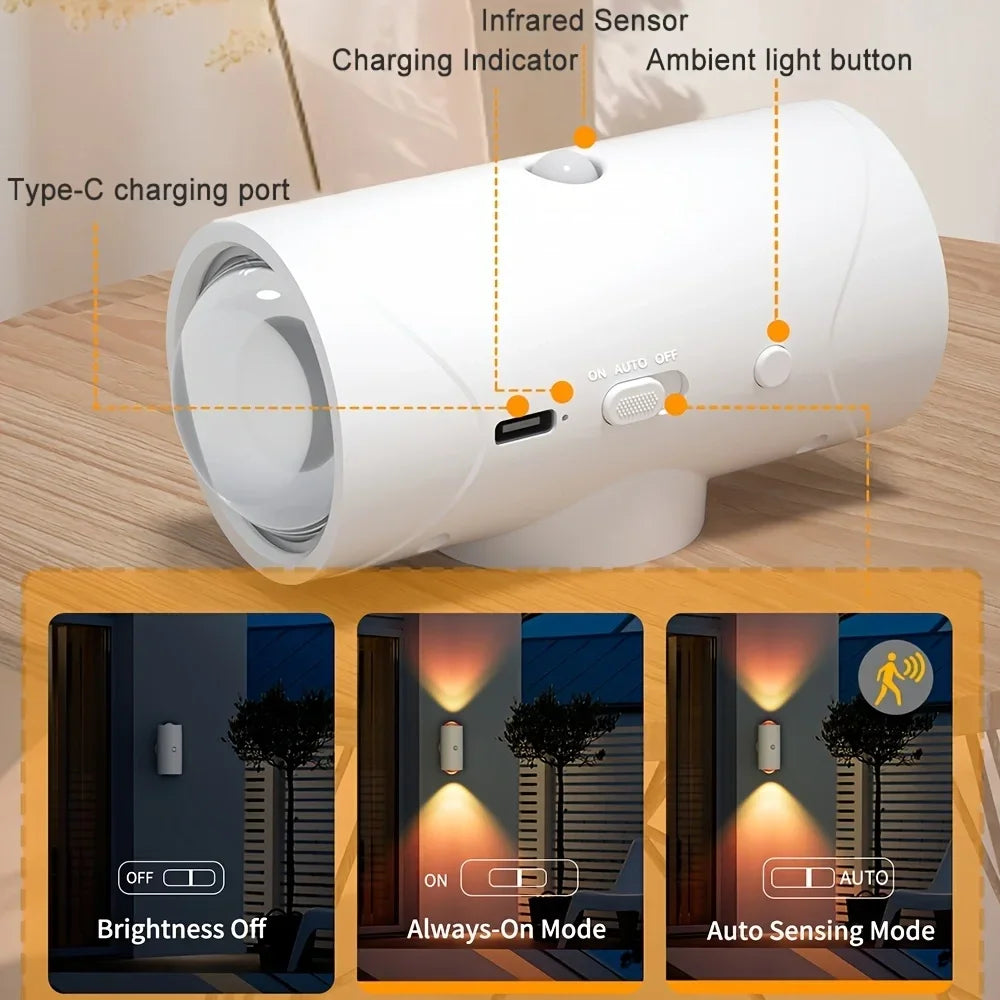A white rechargeable motion sensor night light with a Type-C charging port and various lighting modes shown in different sett