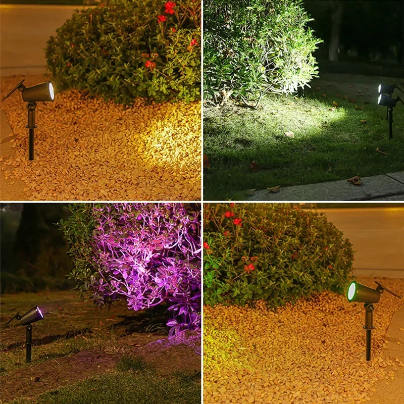 A collage showing solar-powered LED spotlights illuminating a green hedge and a gravel path at night.