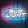 An LED neon sign spelling BUD LIGHT glowing in bright blue and pink on a dark grid background.