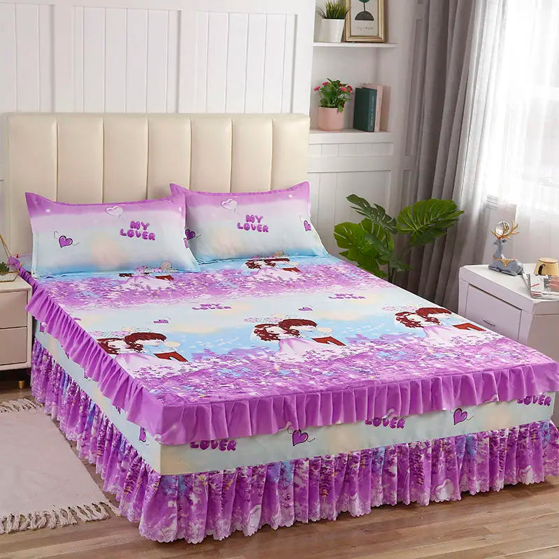 Elegant Elastic Fitted Bed Sheet Set with Lace Skirt and Pillowcases