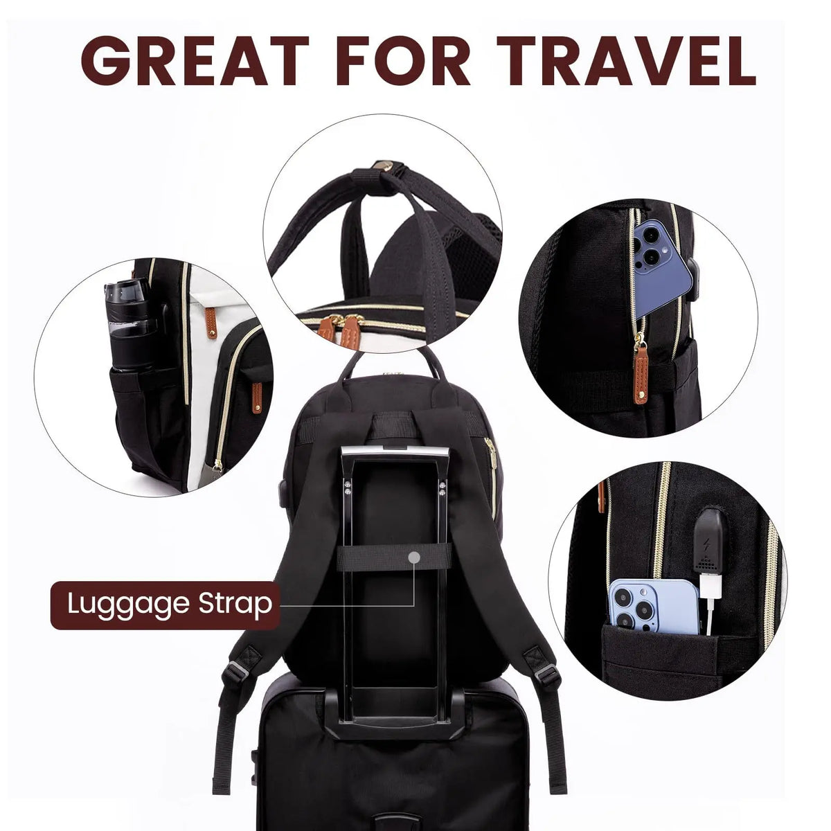 Black anti-theft laptop backpack with a luggage strap feature shown in various angles.