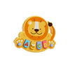 A yellow interactive animal piano toy featuring a lion face and various colorful animal buttons.