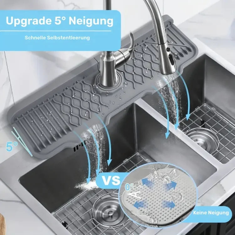 Comparison of a 5 degree tilt feature on a kitchen sink mat with and without tilting.