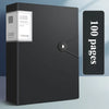 A black A4 expanding file organizer with a clear pocket divider display book and a separate page indicating 100 pages.