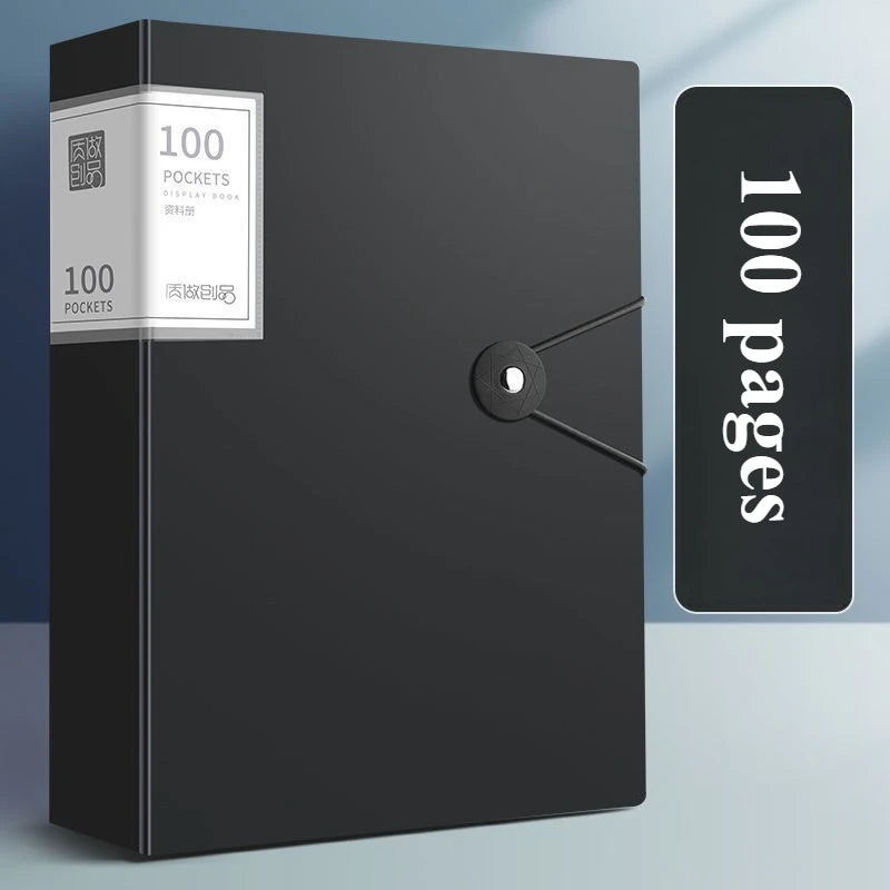 A black A4 expanding file organizer with a clear pocket divider display book and a separate page indicating 100 pages.