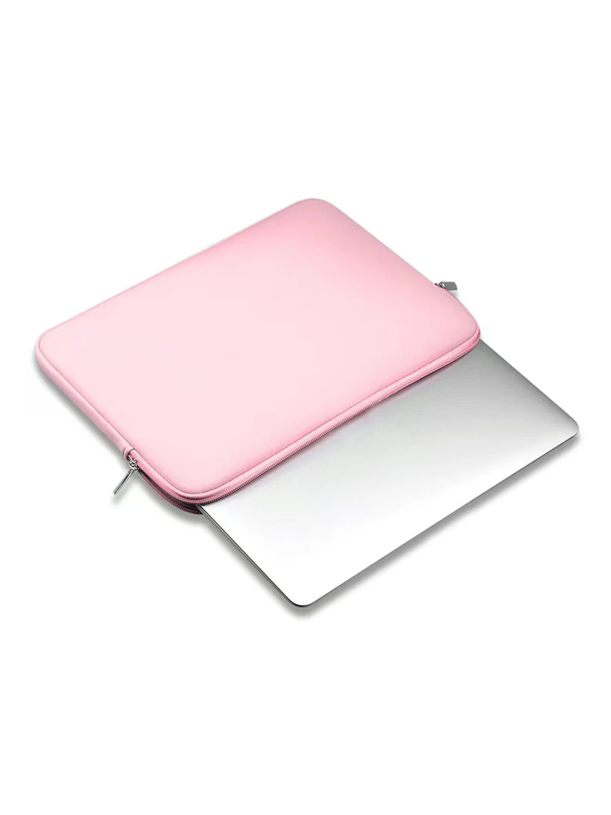 A pink universal laptop sleeve with a zipper closure shown open, resting on a white surface.