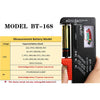 A black battery tester device labeled Model BT-168 showing various voltage settings and supported battery models.