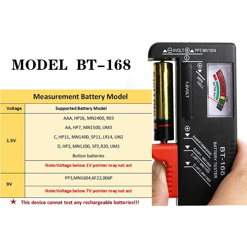 A black battery tester device labeled Model BT-168 showing various voltage settings and supported battery models.