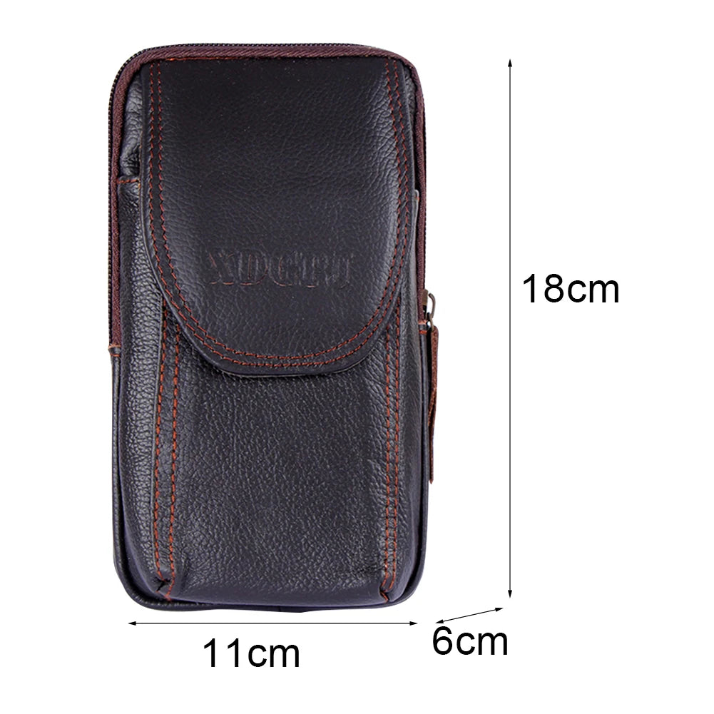 A dark brown genuine cowhide leather crossbody sling bag shown with dimensions 18cm high, 11cm wide, and 6cm deep.