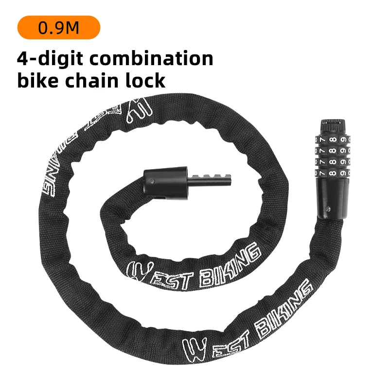 A black 4-digit combination bike chain lock with two keys shown in a circular arrangement.