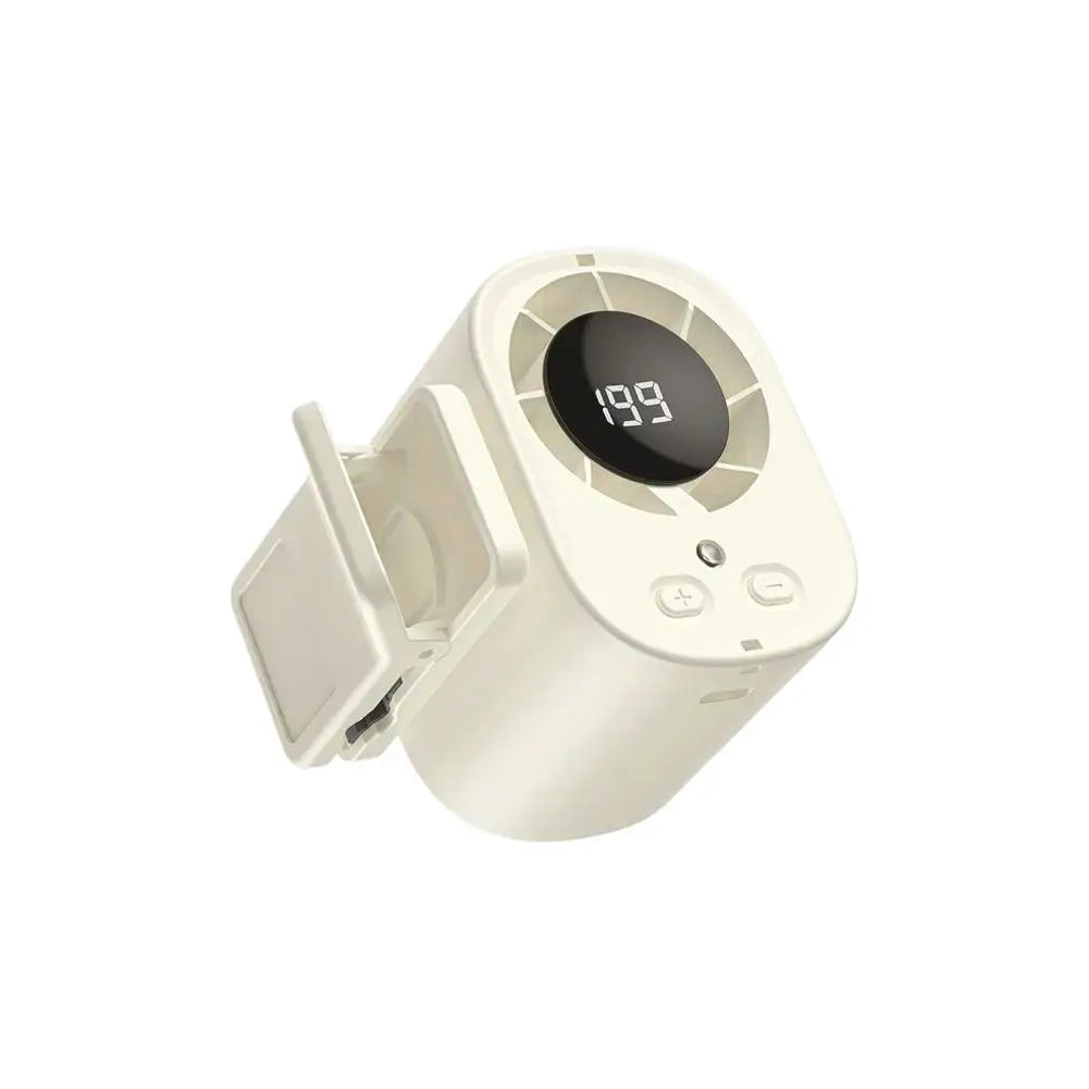 Ventilador portátil blanco para coche con pantalla digital que muestra 19.9 grados.
