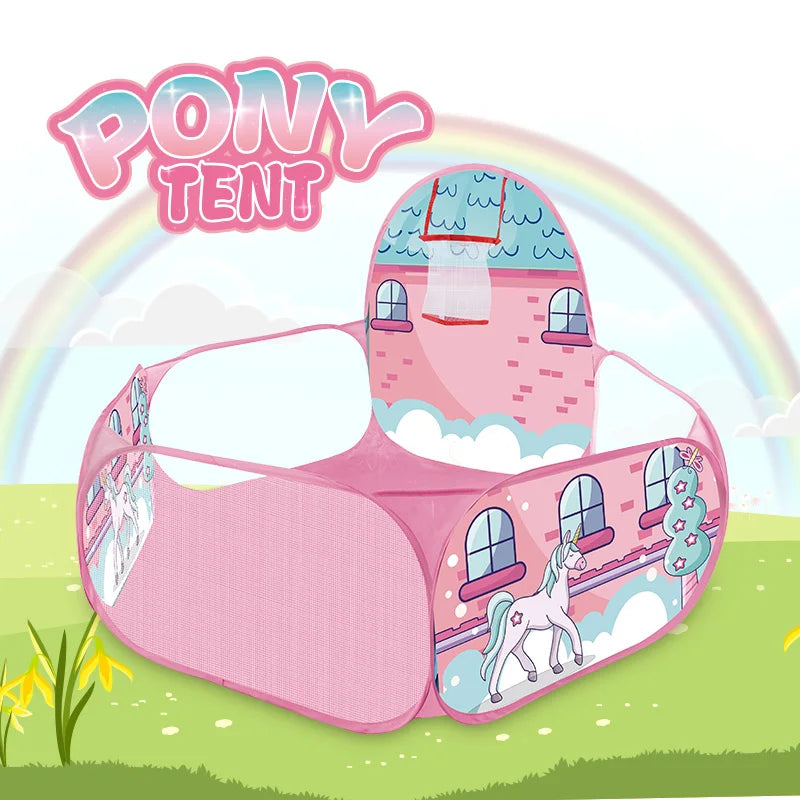 A pink foldable pop-up play tent with arched windows and a roof, set in a green outdoor landscape.