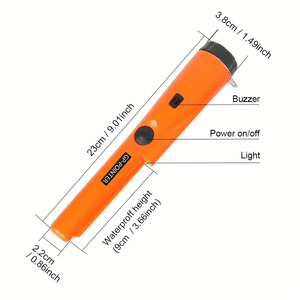 Orange handheld metal detector with a buzzer, power on/off switch, and light features.