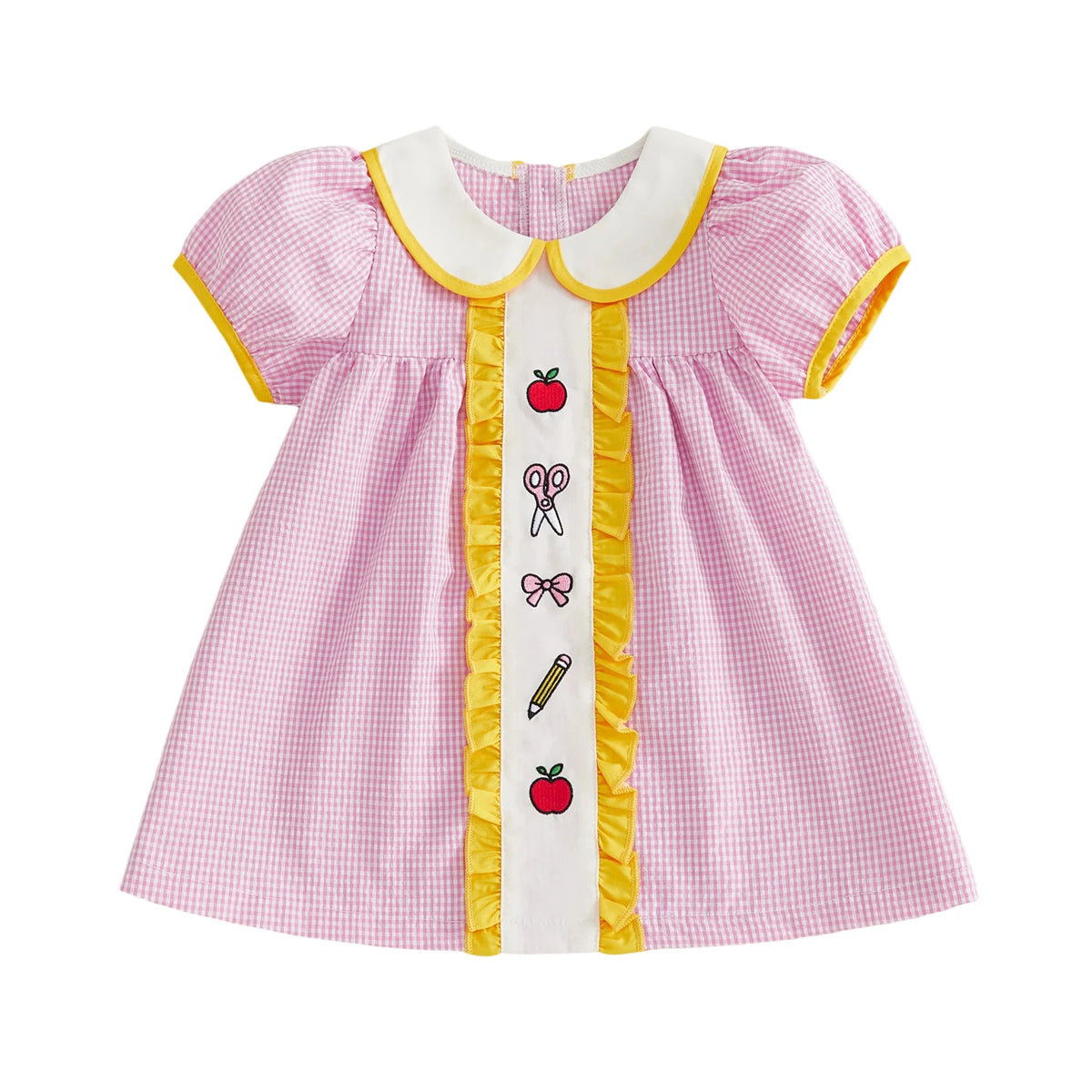 Girls Embroidered Plaid A-Line Dress with Peter Pan Collar