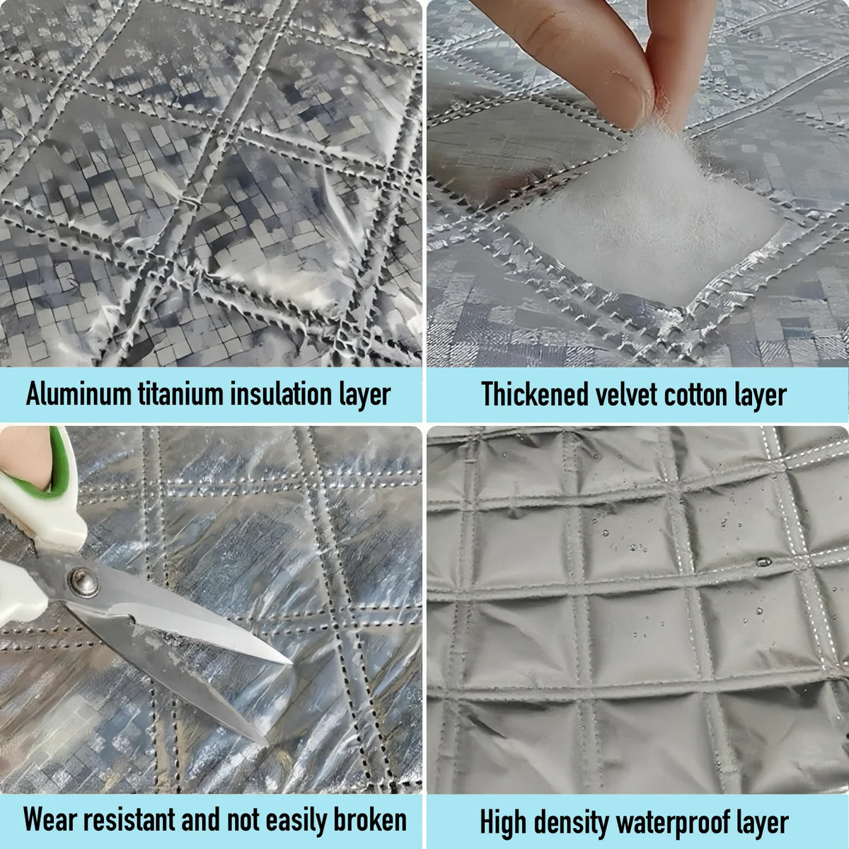Layers of self-adhesive thermal window film showing aluminum titanium insulation, thickened velvet cotton, and a high-density