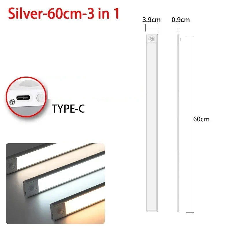 Silver 60cm 3 in 1 cabinet light featuring a Type-C connection and motion sensor.
