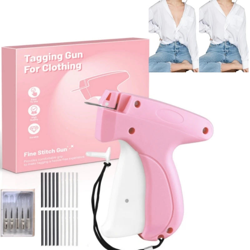 Pink handheld tagging gun for clothing repairs with various needles and stitching accessories.
