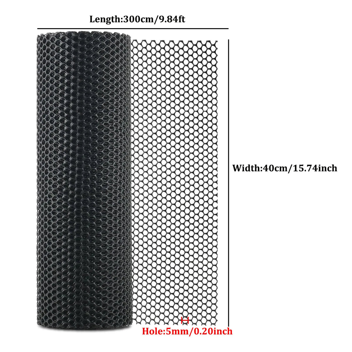 Black flexible plastic wire mesh with 5mm holes, measuring 300cm long and 40cm wide.