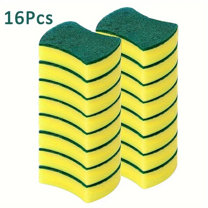 A set of 16 green and yellow double-sided cleaning sponges stacked vertically.