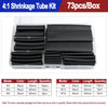 A box containing a heat shrink tubing kit with various black tubing sizes and ratios for shrinking plastic parts.