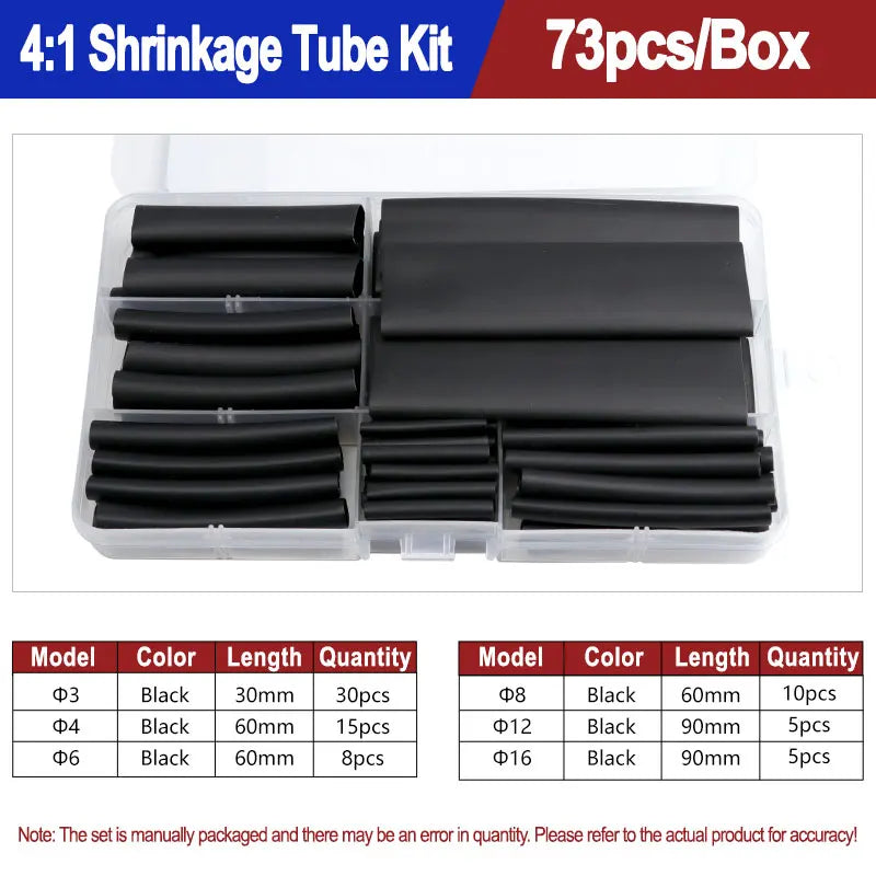 A box containing a heat shrink tubing kit with various black tubing sizes and ratios for shrinking plastic parts.