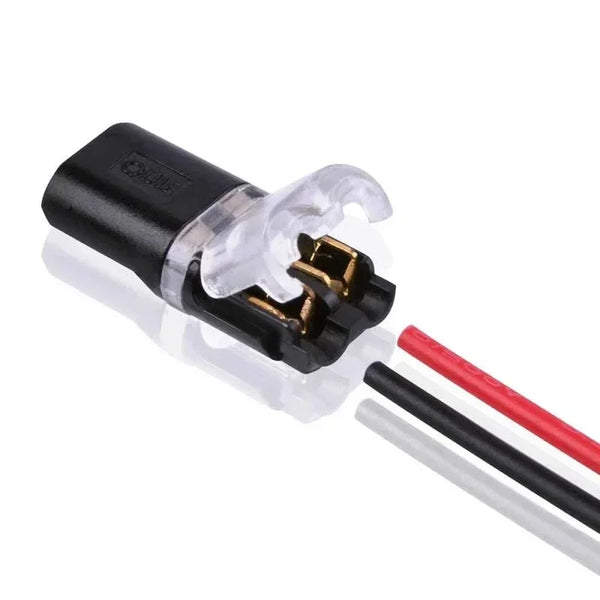Black waterproof 2-pin electrical connector with red and black wires for automotive wiring
