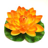 A vibrant orange lotus flower with green leaves used for pond and garden decor.