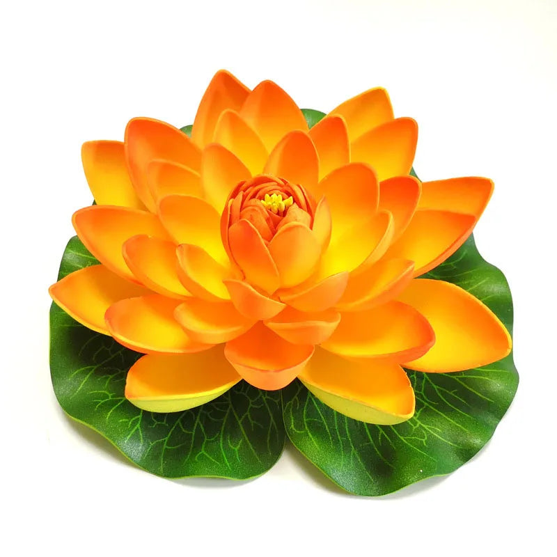 A vibrant orange lotus flower with green leaves used for pond and garden decor.