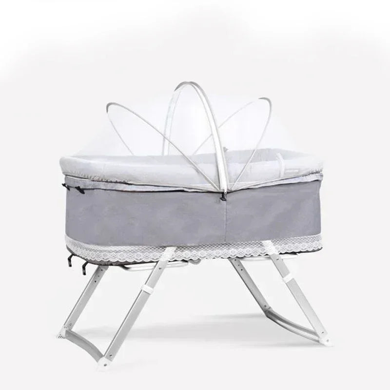 A light gray universal mosquito net cover for a baby stroller or crib, supported by a metal frame.