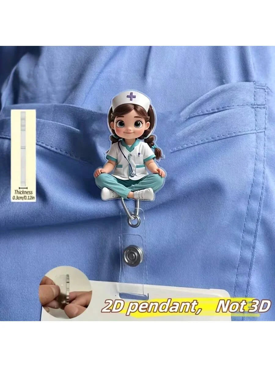 A 2D pendant of a nurse-themed doll with a medical uniform and ID clip against a blue fabric background.