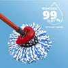 A red mop head is shown cleaning a blue and white fibrous cleaning tool, with text indicating it removes 99% dust with just w