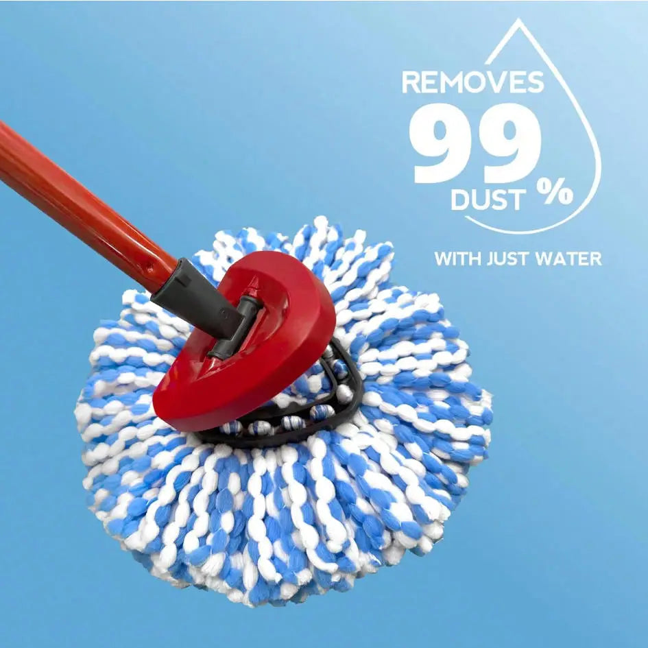 A red mop head is shown cleaning a blue and white fibrous cleaning tool, with text indicating it removes 99% dust with just w
