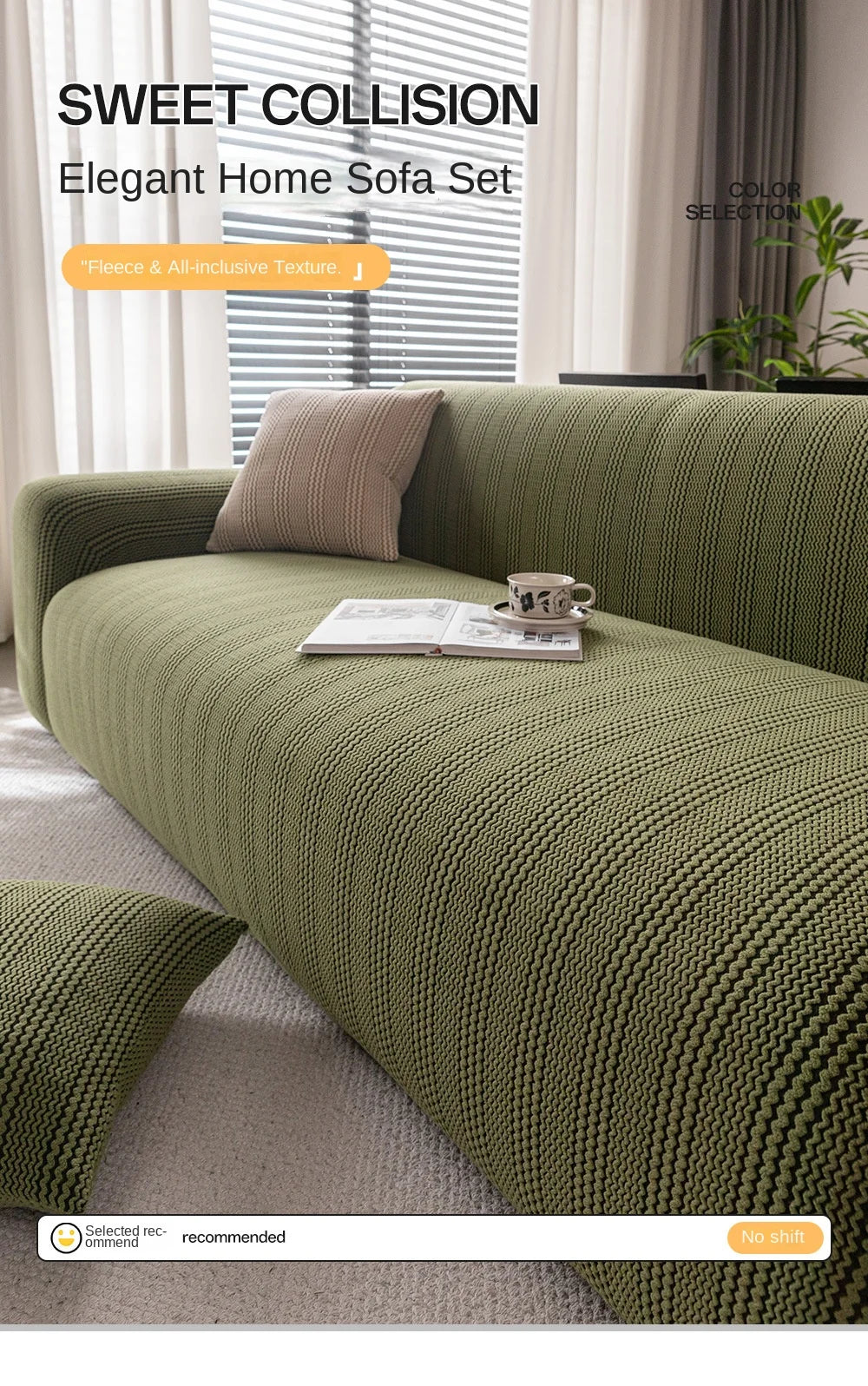 A moss green quilted sofa set featuring a textured fabric and neutral pillows in a bright living room setting.