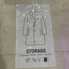 Clear plastic storage bag with a hanger outline showing how to pack an overcoat, dress, jacket, or sweater.
