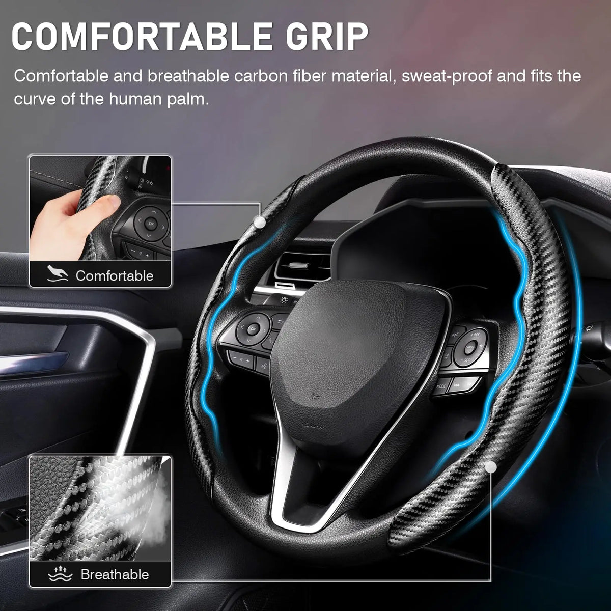 Close-up of a black carbon fiber pattern steering wheel cover demonstrating a comfortable and breathable grip.