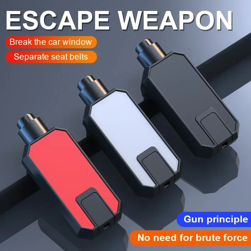 A set of emergency weapons including a car window breaker and separate seat belts shown against a dark background.