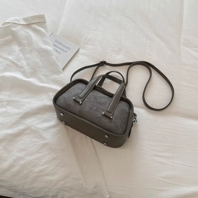 Vintage Croc-Embossed Mini Boston Bag with Dual Straps